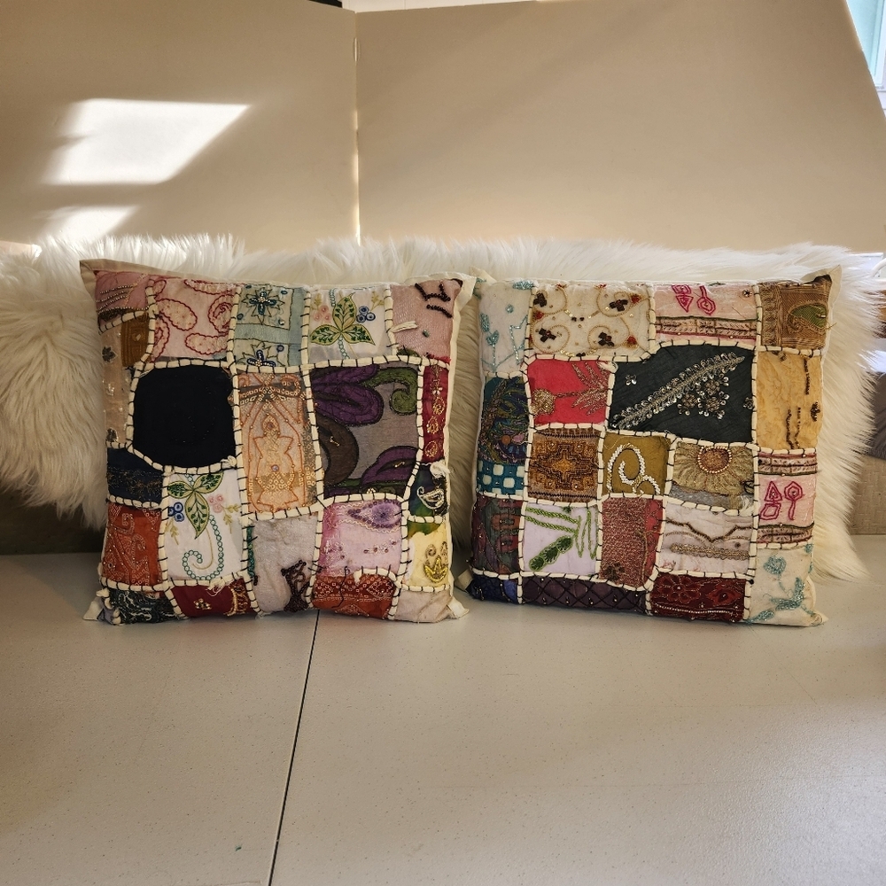 Vintage Patchwork Boho Throw Pillows Set 2 Embroidered Floral Beaded 90s Decor